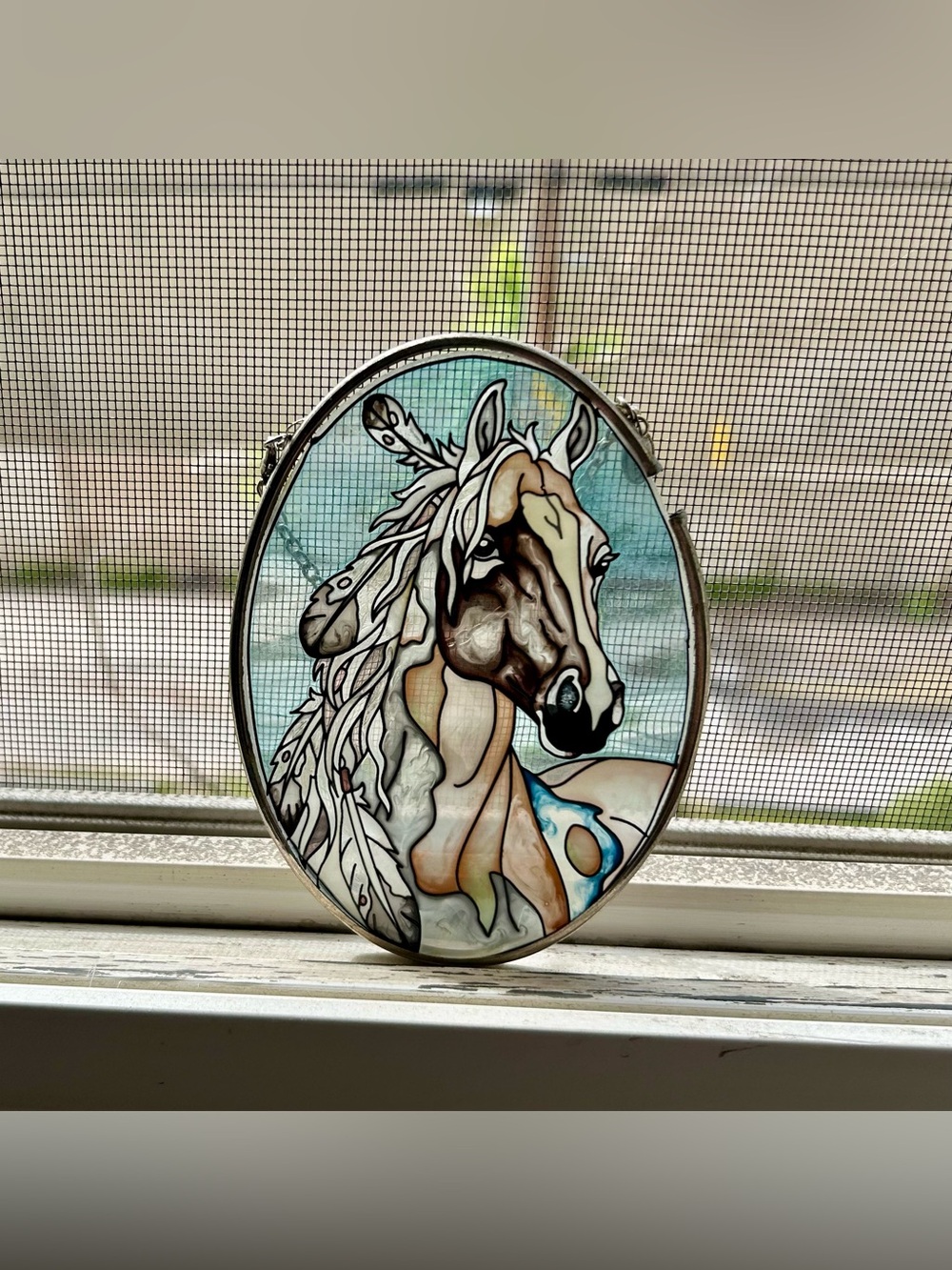 Handcrafted Horse Stained Glass Wall Art - Teal and Brown (needs repair)